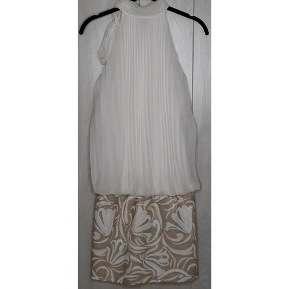 Cache Cocktail Party Mini Dress Size Medium White Tan Silver Side Neck Tie - Picture 3 of 6